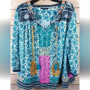 John Mark Blue Pink Floral Embroidered Boho Style Tunic Blouse Top Sz 3XL